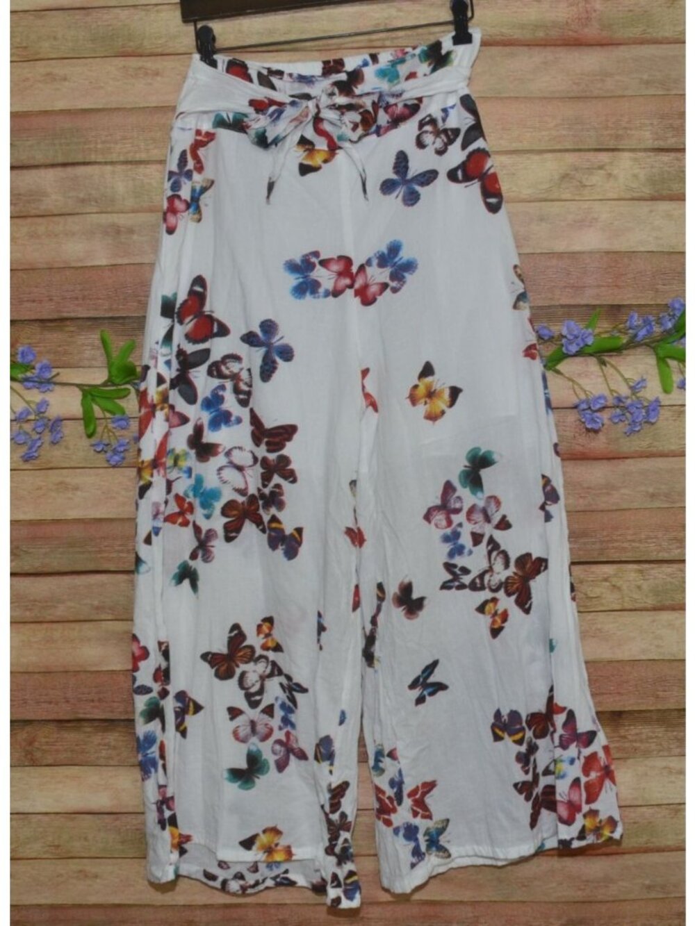 Cotton Gauze Wide Leg Pants Butterfly Print Boho Style Elastic Tie Waist S/M